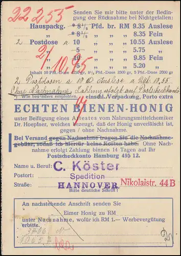Werbe-Postkarte Paul Kogel Lokstedt-Nindorf für Honig, HANNOVER Olympia 1936