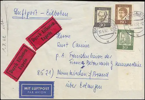 Berlin Bedeutende Deutsche 10, 30 und 80 Pf MiF Eil-Lp.-Brief BERLIN 30.6.62