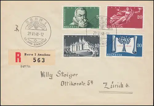 Schweiz 496-499 Schweizer Bundesstaat: Satz auf R-Brief pass. SSt BERN 29.4.1948