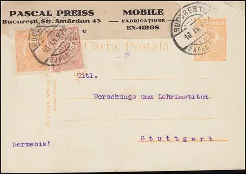 Roumanie Carte postale P 72 avec structure supplémentaire BUKAREST vers Stuttgart