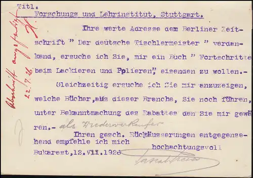 Roumanie Carte postale P 72 avec structure supplémentaire BUKAREST vers Stuttgart