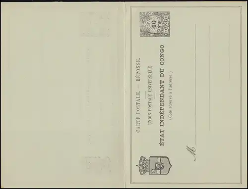 Kongo: Ganzsache Doppel-Postkarte 10 / 15 Centimes, um 1895, ungebraucht **