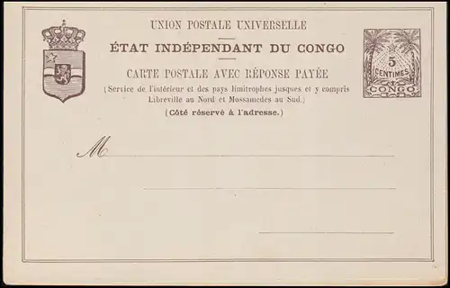 Congo: toute une affaire Carte postale double 5 / 10 centimes, vers 1895, inutilisé **