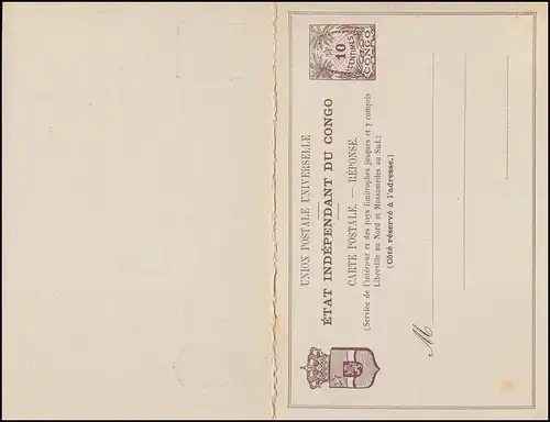 Congo: toute une affaire Carte postale double 5 / 10 centimes, vers 1895, inutilisé **