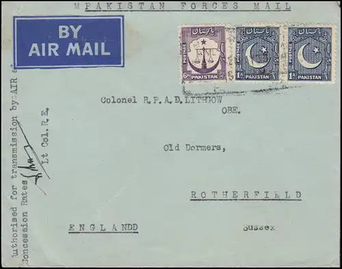 Pakistan Censure Lettre postale aérienne Service militaire aérien en Angleterre