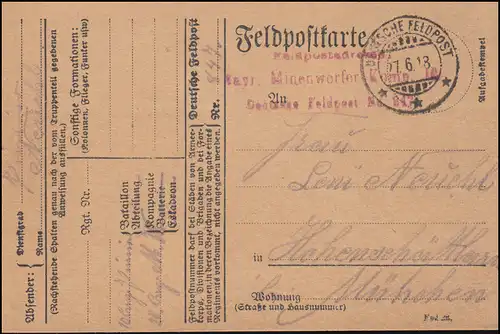 Carte postale BS Compagnie Bayrie de Lanceur de Minière 847, FELDPOST 27.6.1918