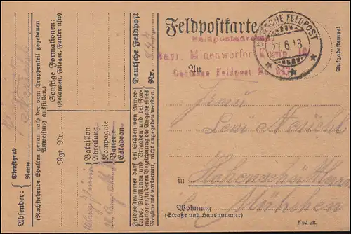 Postkarte BS Bayrische Minenwerfer-Kompanie 847, FELDPOST 27.6.1918