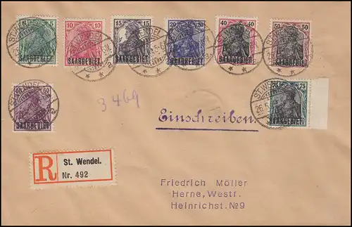 Saargebiet: R-Brief 8 verschiedene Aufdruckmarken Germania ST. WENDEL 26.5.1920