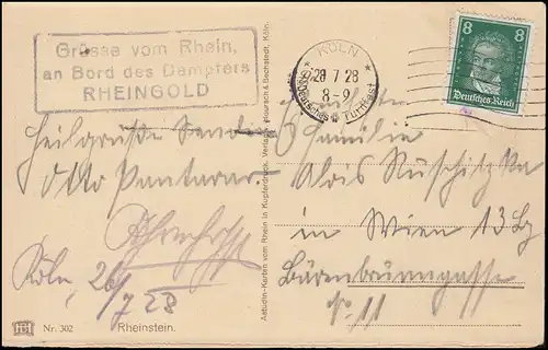 Grüße vom Rhein, an Bord des Dampfers RHEINGOLD, KÖLN Turnfest 28.7.28, auf AK