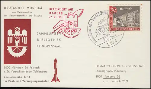 Raketenpost: Befördert mit Rakete Deutsches Museum Oberth-Gesellschaft 22.3.1964