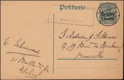 Belgien Zensur-Stempel auf Postkarte P 1 MECHELN 8.10.1915 nach Brüssel