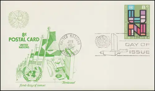 UNO New York Postkarte P 6 als FDC 10.1.1975 privater Schmuck-Zudruck