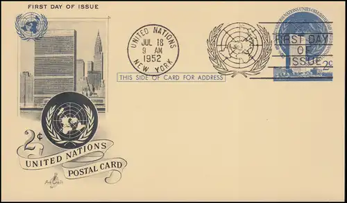 UNO New York Postkarte P 1 als FDC 18.7.1952 privater Schmuck-Zudruck