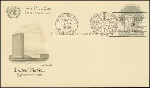 Carte postale P 2 de l'ONU sous le nom de FDC 22.9.1958 bijoux privés