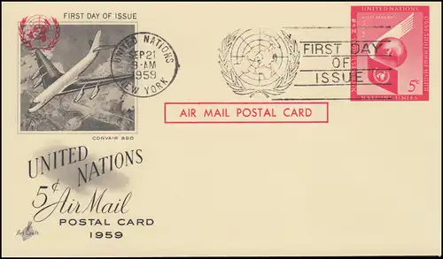 UNO New York Luftpostkarte LP 3 als FDC 21.9.1959 mit Zudruck Flugzeug