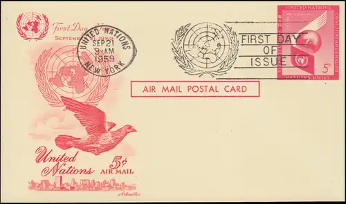 UNO New York Luftpostkarte LP 3 als FDC 21.9.1959 mit Zudruck Taube