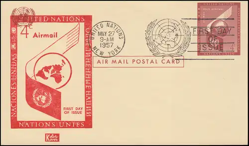UNO New York Luftpostkarte LP 1 als FDC 27.5.1957 mit privatem Zudruck