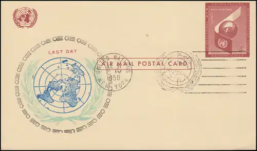 LP 1 de l'ONU New York comme carte postale LDC, le dernier jour de la N.Y. 31.7.1958