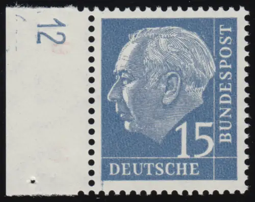 184y Lumogen DZ Heuss 15 Pf. Randstück mit Druckerzeichen DZ 12, ungefaltet, **