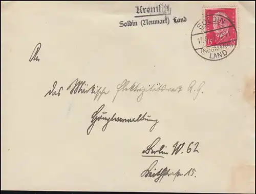 Landpost Kremlin sur SOLDIN (NOUVELLE MARK) PAYS 17.8.1931 sur lettre à Berlin