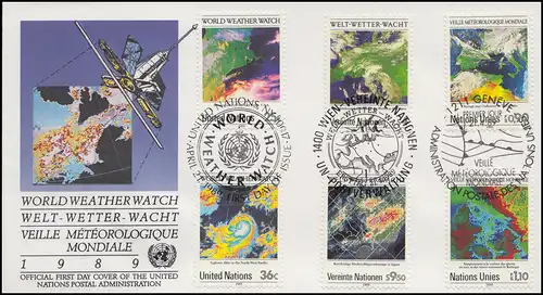 WMO Meteorologie Welt-Wette-Wacht - Schmuck-FDC der 3 UNO-Ausgaben 1989