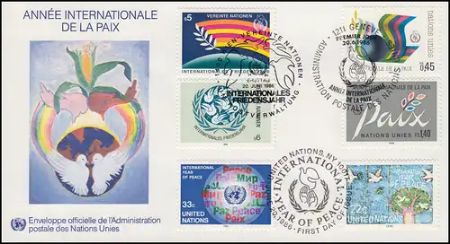 Internationales Jahr des Friedens - Schmuck-FDC der 3 UNO-Ausgaben 1986
