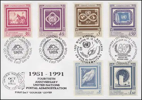 40 Jahre Postverwaltung der UNO - Schmuck-FDC der 3 UNO-Ausgaben 24.10.1991