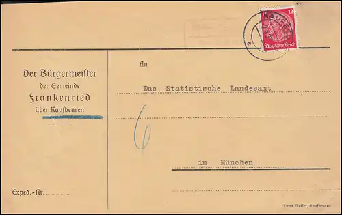 Landpost Frankenried au sujet de ACHATBEUREN 2.4.1937 sur lettre à Munich