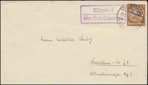 Landpost Altendorf über BAD SCHANDAU 31.12.1933 auf Drucksache nach Dresden
