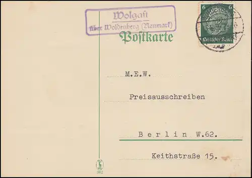 Landpost Wolgast über WOLDENBERG (NEUMARK) 15.5.1936 auf Postkarte