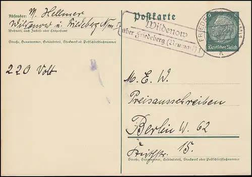 Landpost Wildenow via FRIEDEBERG (NEUMARK) 14.11.1935 sur carte postale Hindenburg