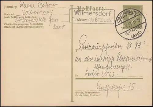 Landpost Wilmersdorf Fürstenwalde (Spree) Land 11.41933 auf Ebert-Postkarte