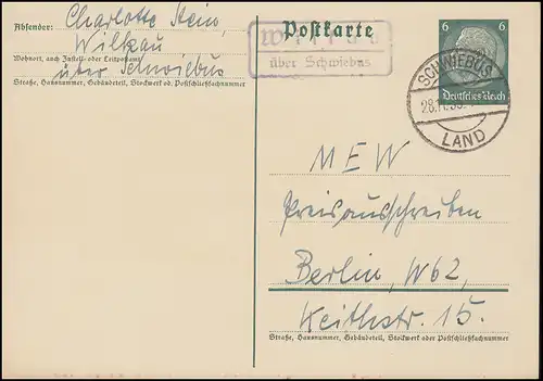 Pays-Bas: Wilkau sur SCHWIEBUS LAND 28.11.1935 sur carte postale Hindenburg
