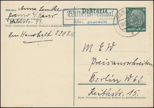 Landpost Wilhelminenthal über DEMMIN 29.11.1935 auf Hindenburg-Postkarte