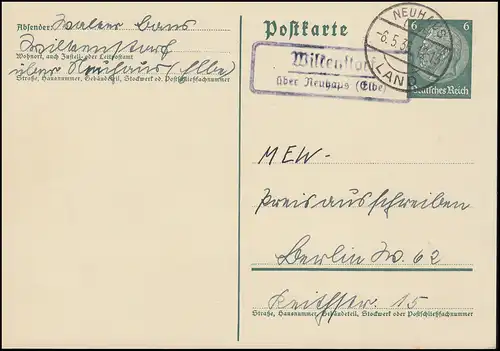 Landpost Wilkenstorf über NEUHAUS (ELBE) LAND 6.5.1936 auf Hindenburg-Postkarte