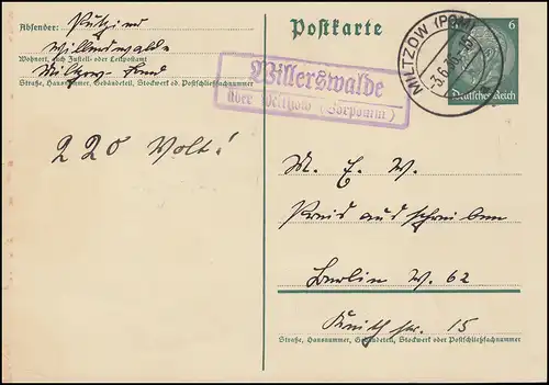 Landpost Willerswalde über MILTZOW (POMMERN) 3.6.1936 auf Hindenburg-Postkarte