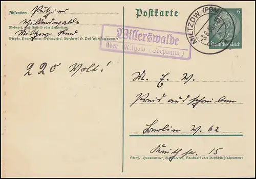 Pays-Bas: Willerswalde sur MILTZOW (POMMERN) 3.6.1936 sur carte postale Hindenburg
