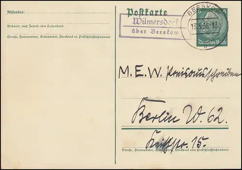 Landpost Wilmersdorf über BEESKOW 13.5.1936 auf Hindenburg-Postkarte