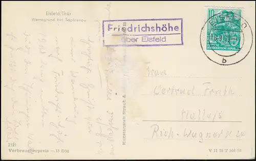 Landpost Friedrichshöhe über EISFELD 16.8.1959 auf AK Werragrund bei Sophienau