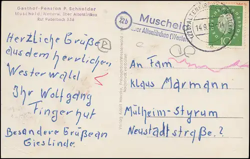 Landpost 22b Muscheid über ALTENKIRCHEN (WESTERWALD) 14.9.1959 auf AK