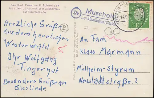 Post de campagne 22b Muscheid sur les Églises des Âges (Westerwald) 14.9.1959 sur AK