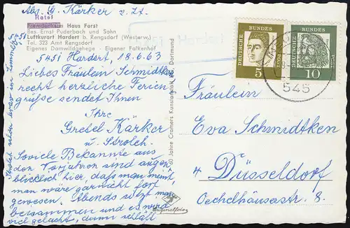 Landpost 5451 Hardert über NEUWIED 19.6.1963 auf passender AK Hotel Haus Forst