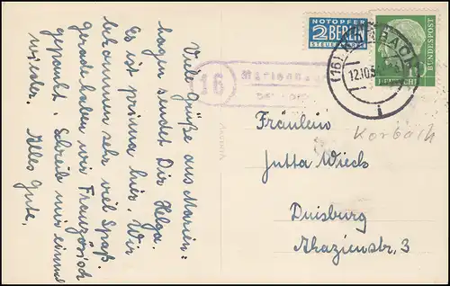 Landpost 16 Marienhagen über KORBACH 12.10.1954 auf AK Schloß Waldeck