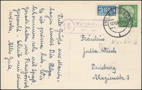 Posté le 16 Marienhagen sur KORBACH 12.10.1954 sur AK Château de Waldeck