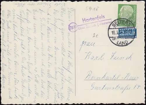 Landpost 22b Hartenfels über SELTERS WESTERWALD LAND 16.3.56 auf Glückwunsch-AK 