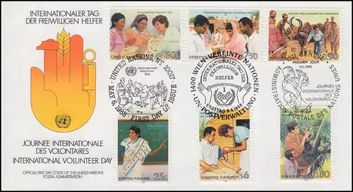 Internationale Freiwillige Helfer - Schmuck-FDC der 3 UNO-Ausgaben 6.5.1988