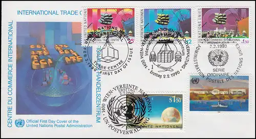 Internationales Handelszentrum - Schmuck-FDC der 3 UNO-Ausgaben 2.2.1990