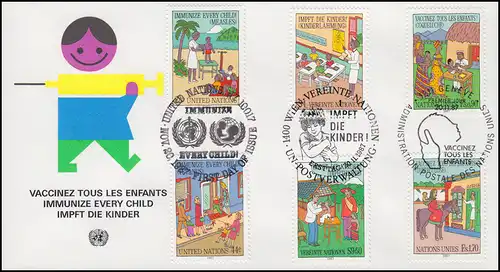 WHO Impft die Kinder - Schmuck-FDC der 3 UNO-Ausgaben 20.11.1987