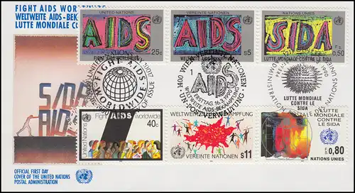 Weltweite AIDS-Bekämphung - Schmuck-FDC der 3 UNO-Ausgaben 1991