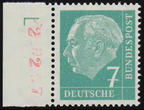 181y Lumogen DZ Heuss 7 Pf. Randstück mit Druckerzeichen DZ L, ungefaltet, **